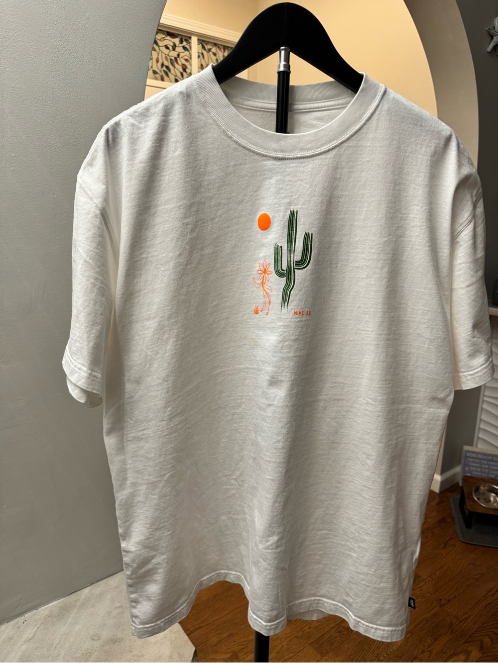 Nike White Short-Sleeve Tee with Green Cactus and Orange Sun Graphic Womens L